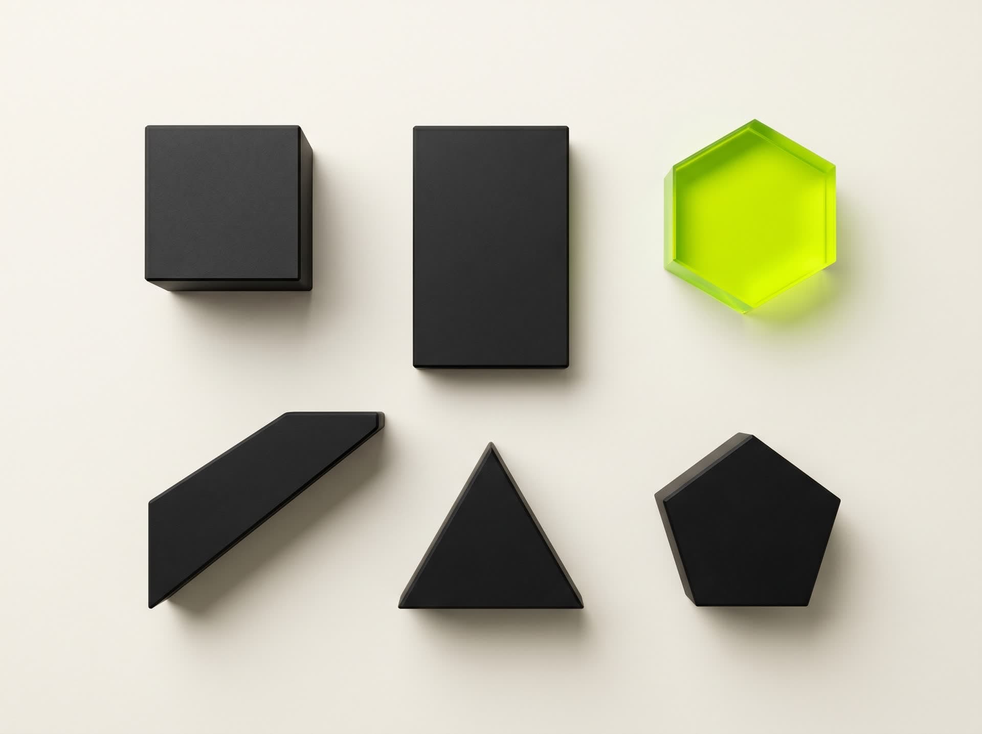 Six matte-black geometric objects on cream, one glowing acid-lime — the engine knolling